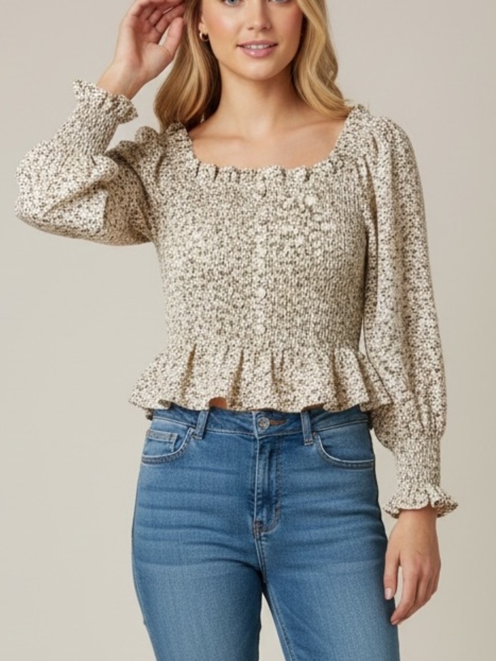 Papermoon Floral Smocked Peplum Blouse L Cottagecore Square Neck Puff Sleeve